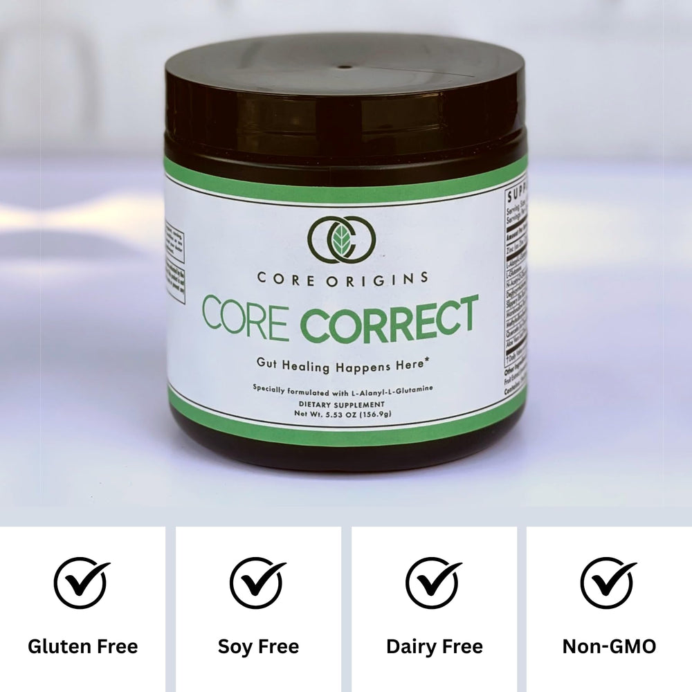 Core Origins bottle label shows shellfish allergy note for consumer safety.