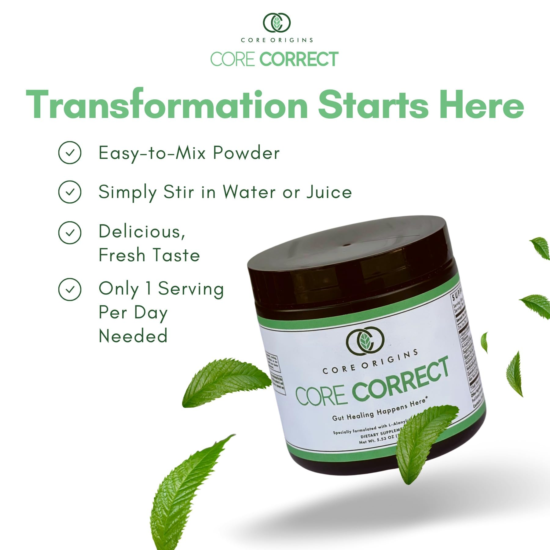 Core Origins powder dissolving in water illustrating easy integration into beverages.