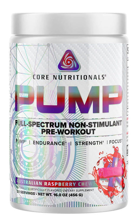 Core Nutritionals Pump Australian Raspberry Chews bottle for easy pre-workout fueling