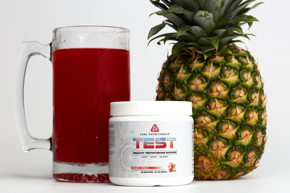 Core TEST with KSM-66 Ashwagandha label highlights stress support and hormone balance potential.