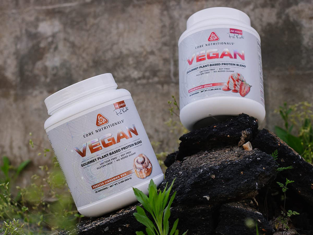 Pouring a creamy Core VEGAN shake with Peanut Butter Pie flavor.