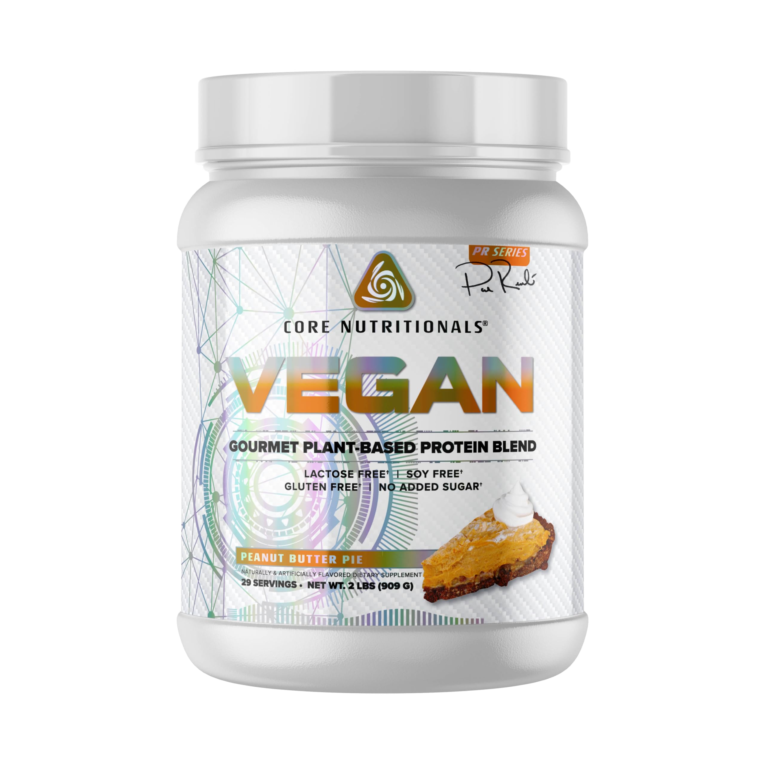 Core Nutritionals Core VEGAN Peanut Butter Pie packaging highlights flavor and protein boost.