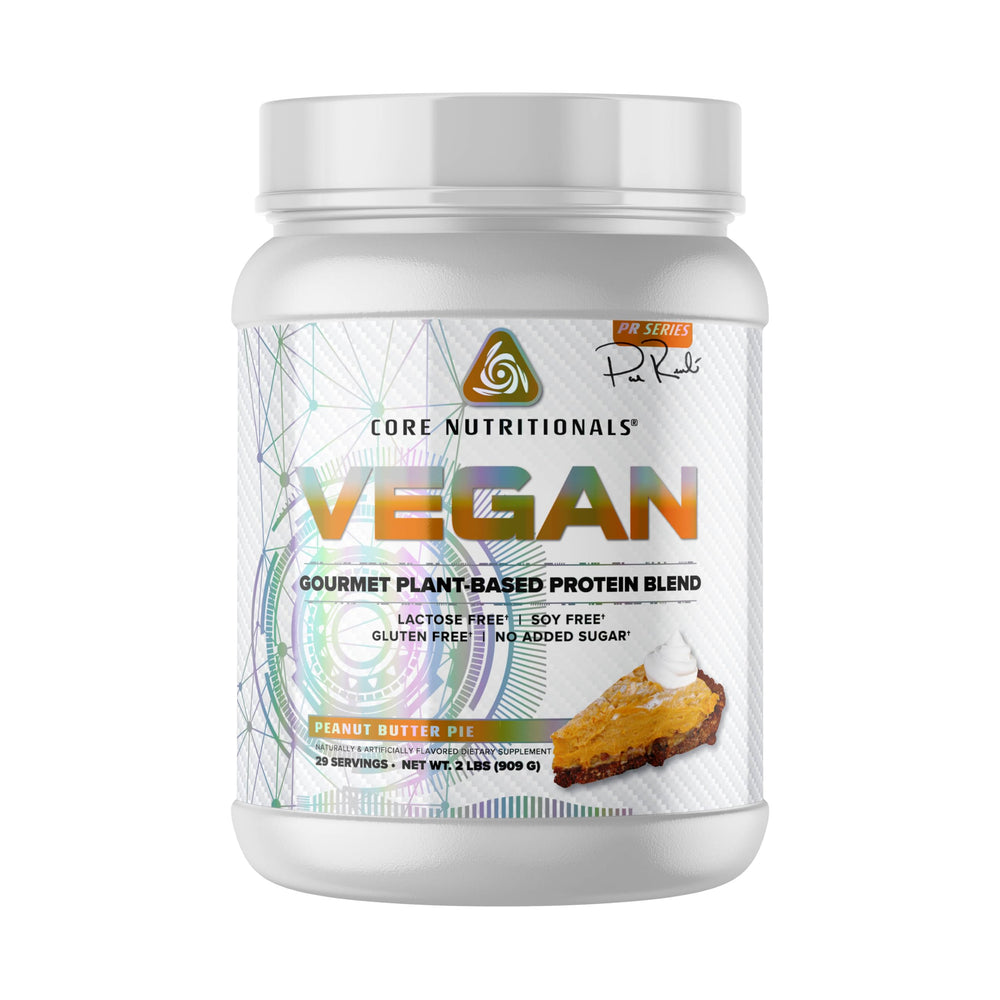 Core Nutritionals Core VEGAN Peanut Butter Pie packaging highlights flavor and protein boost.