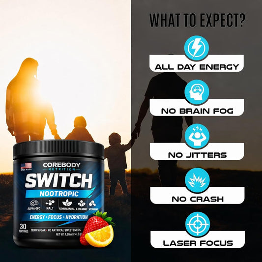 CoreBody Switch powder scoop demonstrates simple serving for steady energy without jitters.