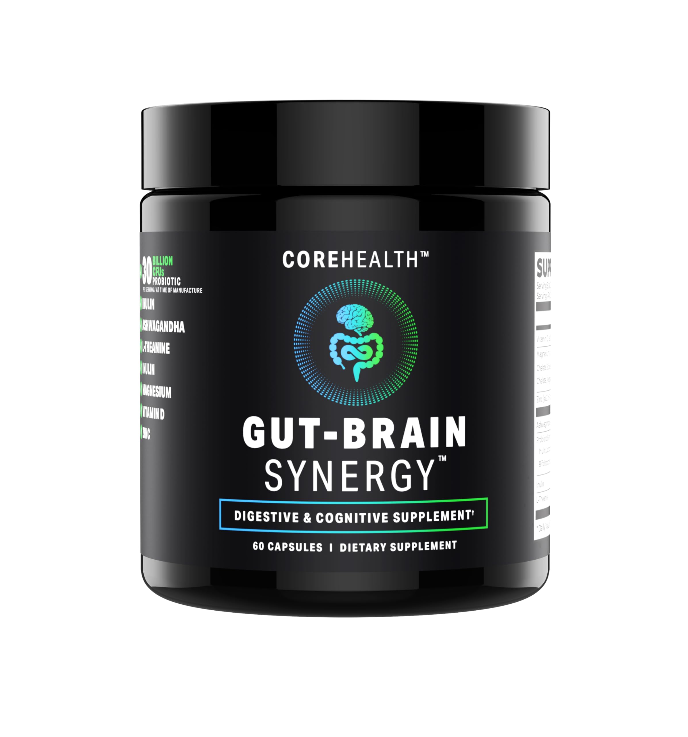 COREHEALTH Gut-Brain Synergy bottle showing daily probiotic and nootropic blend for mood and digestion.