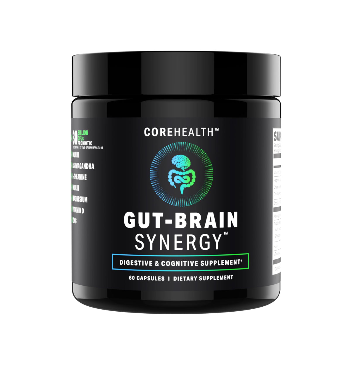 COREHEALTH Gut-Brain Synergy bottle showing daily probiotic and nootropic blend for mood and digestion.