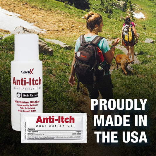 CoreTex Anti-Itch Gel packets shown for easy on-the-go application.