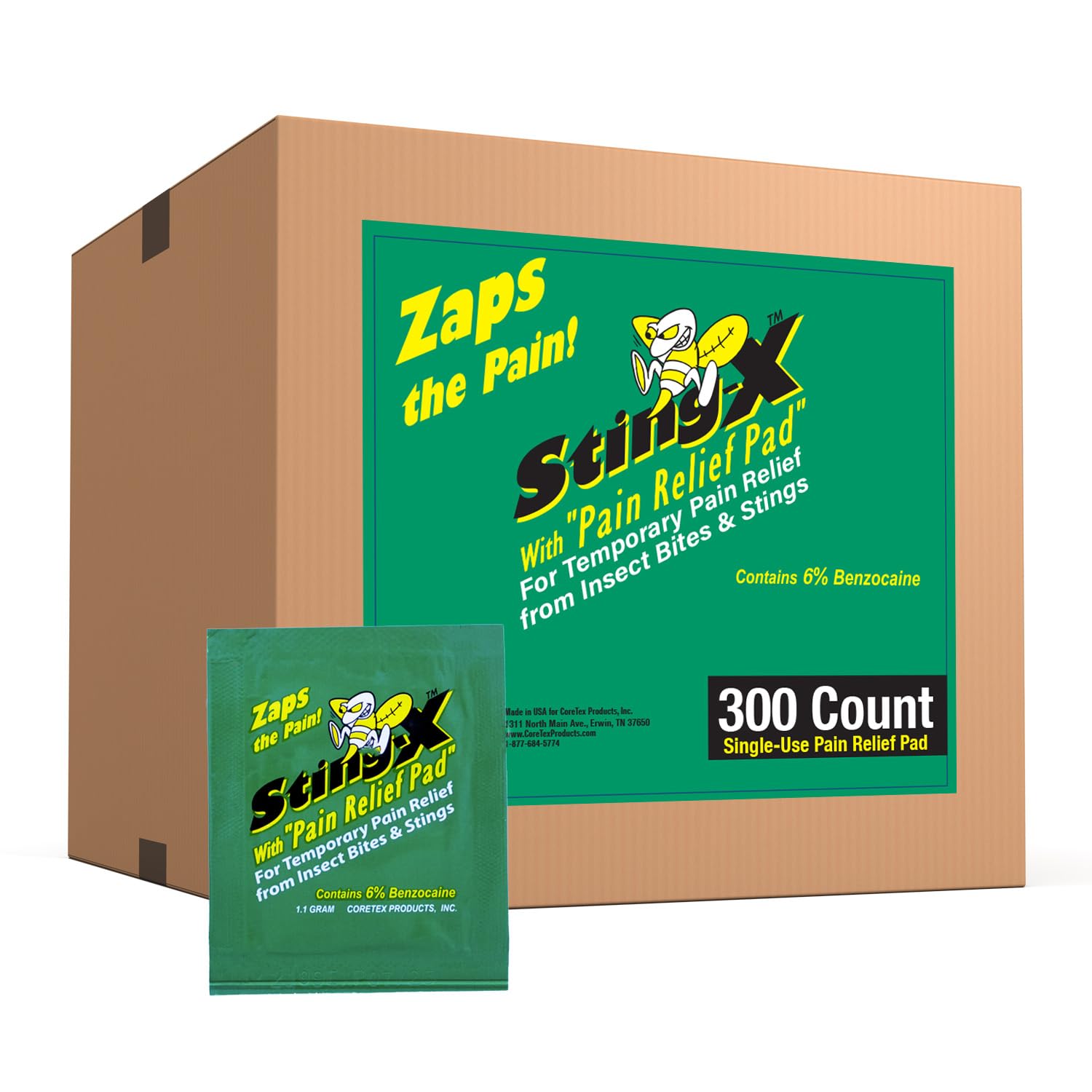 CoreTex Sting X wipe pack front shows portable, single-use sting relief.