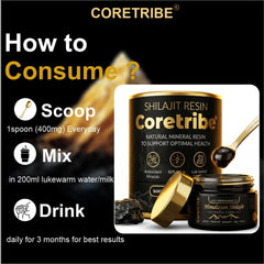 Coretribe Royal Shilajit Resin dissolving in warm water for convenient consumption.