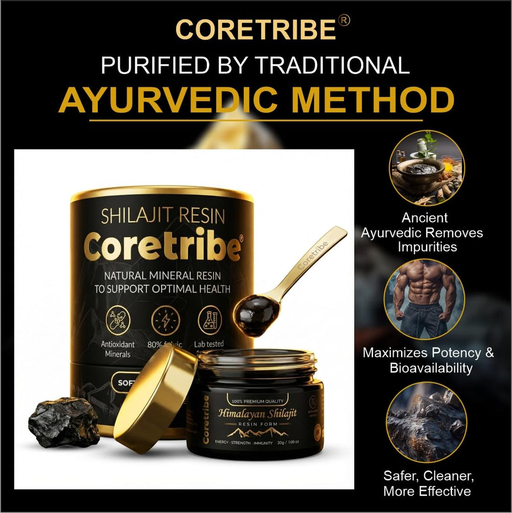 Coretribe Royal Shilajit Resin glass jar on shelf emphasizes freshness and quality.
