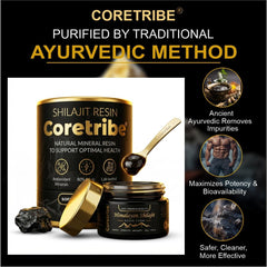 Coretribe Royal Shilajit Resin glass jar on shelf emphasizes freshness and quality.