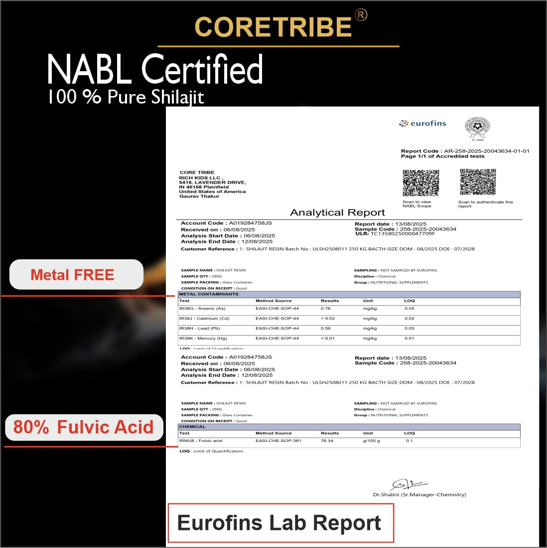 Coretribe Royal Shilajit Resin label highlights 30 g and mineral-rich formula.