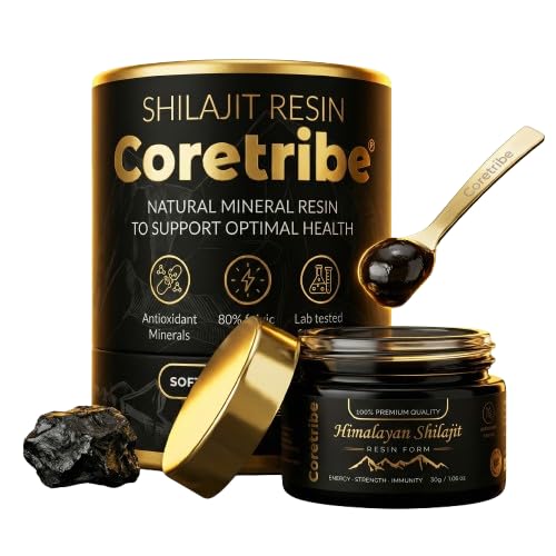 Coretribe Royal Shilajit Resin jar with rich texture signaling natural energy support.