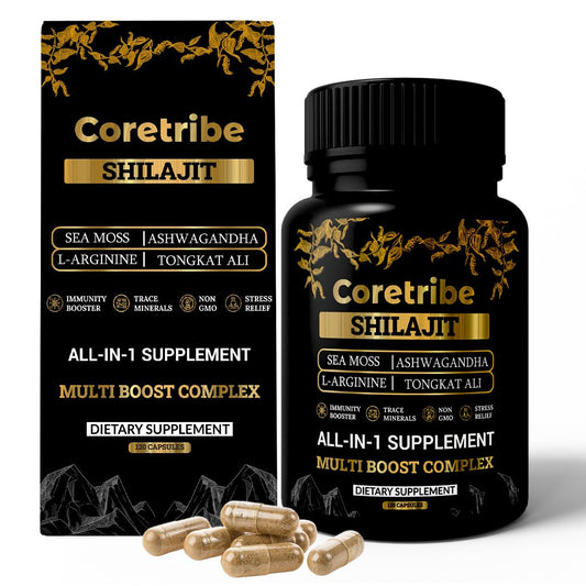 Coretribe Shilajit bottle front view showing energy support cue