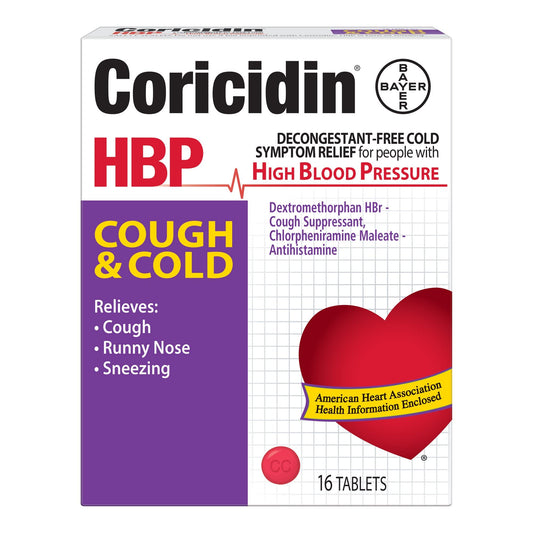 Coricidin HBP 80-tablets pack viewed for convenient BP-safe cold care.