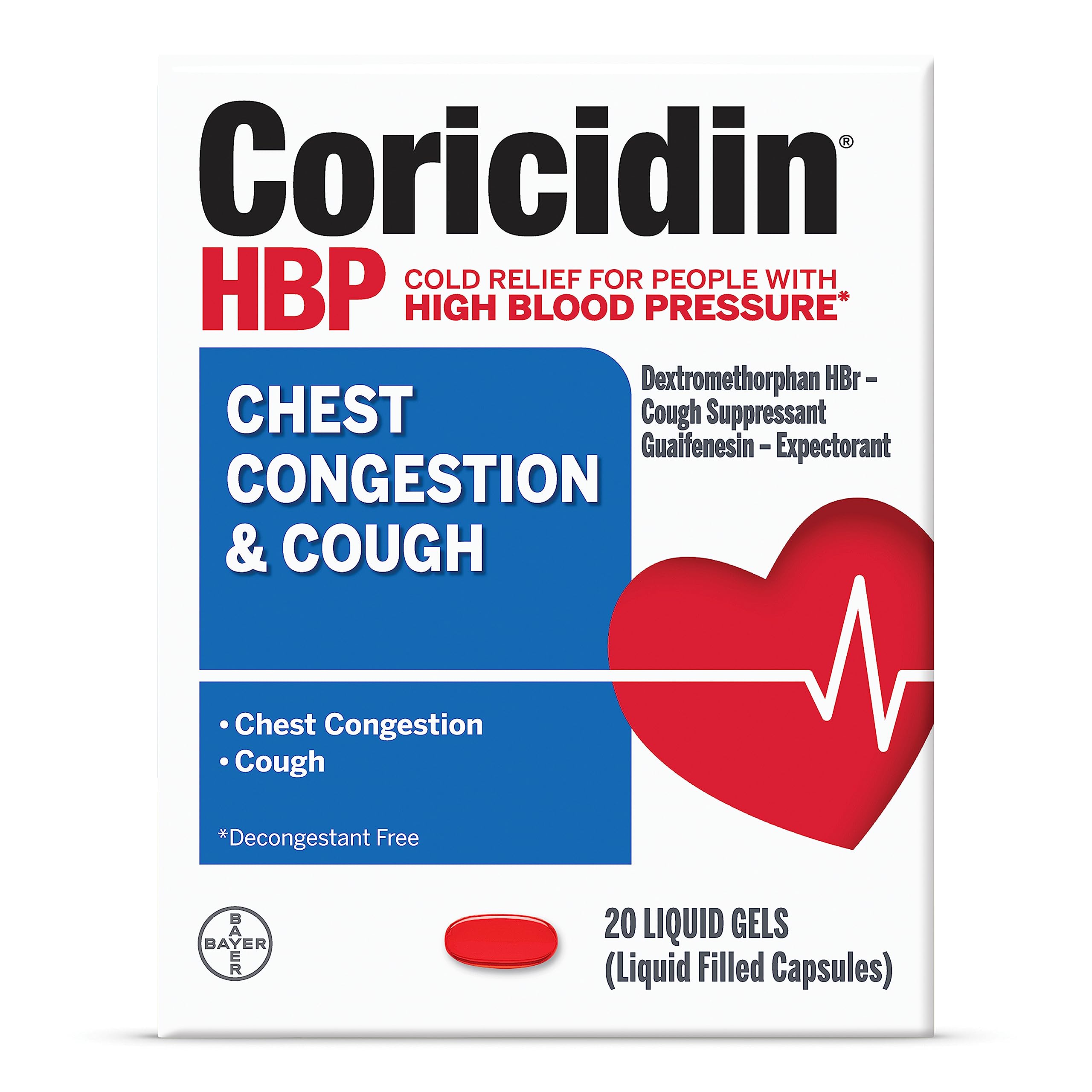 Coricidin HBP bottle front with label indicating high blood pressure-friendly relief.
