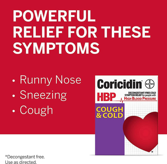 Coricidin HBP front of pack highlighting decongestant-free relief for cough and runny nose.