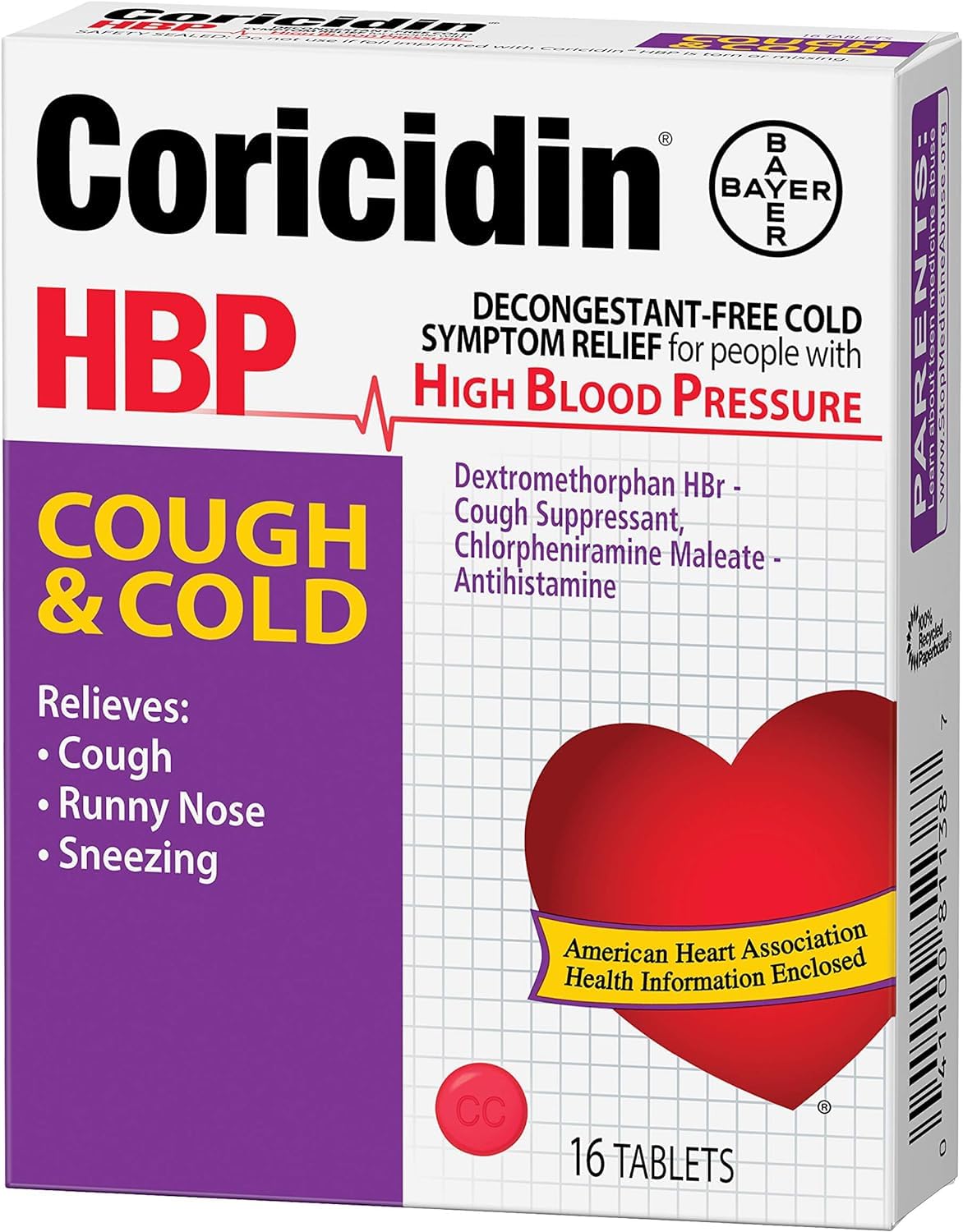 Coricidin HBP tablet in hand to illustrate simple, BP-conscious dosing.