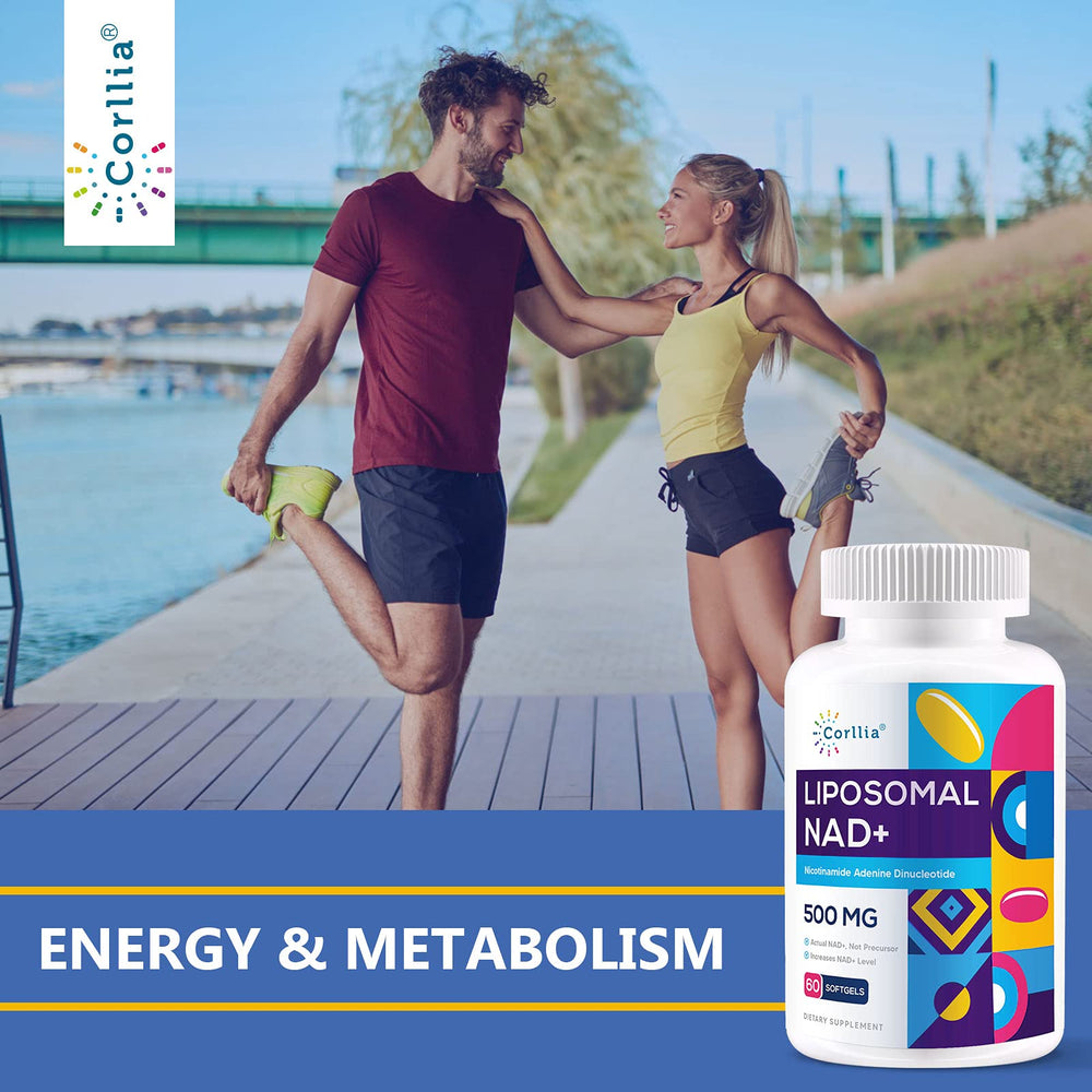 Glass with water and Corllia Liposomal NAD+ 500mg softgels for easy daily use.