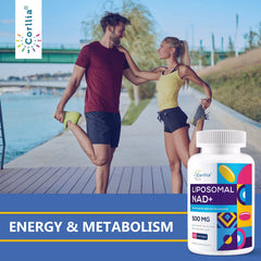 Glass with water and Corllia Liposomal NAD+ 500mg softgels for easy daily use.