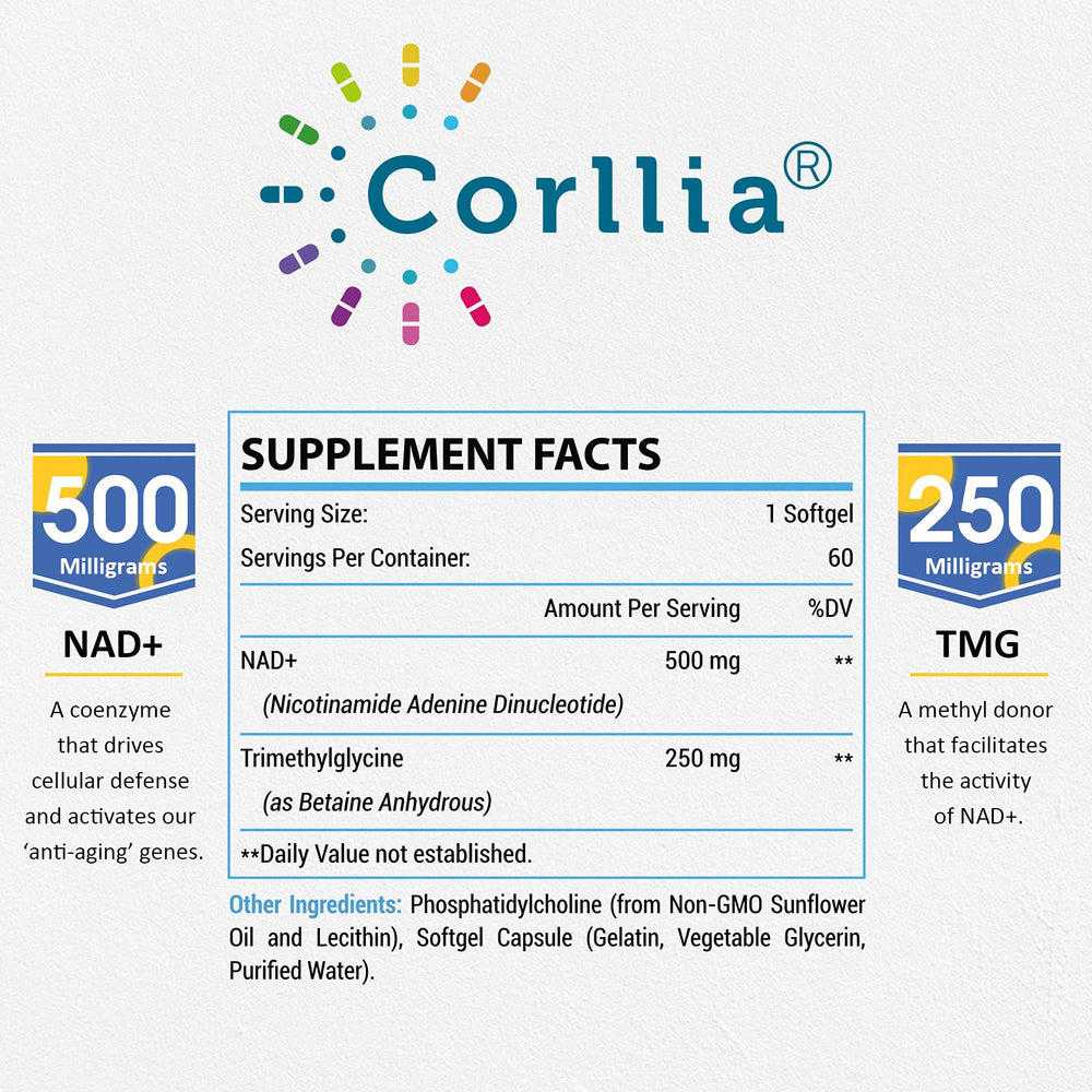 Closeup of Corllia Liposomal NAD+ 500mg softgel cap showing the smooth capsule.