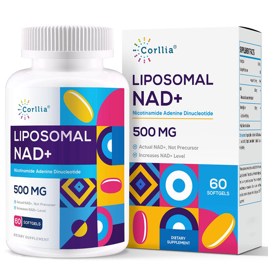 Corllia Liposomal NAD+ 500mg softgels bottle for a convenient two-month daily supply.