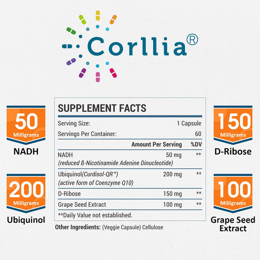 Closeup of Corllia NADH CoQ10 capsules, easy-to-swallow vegan form.