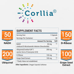 Corllia NADH capsules close-up for steady energy support