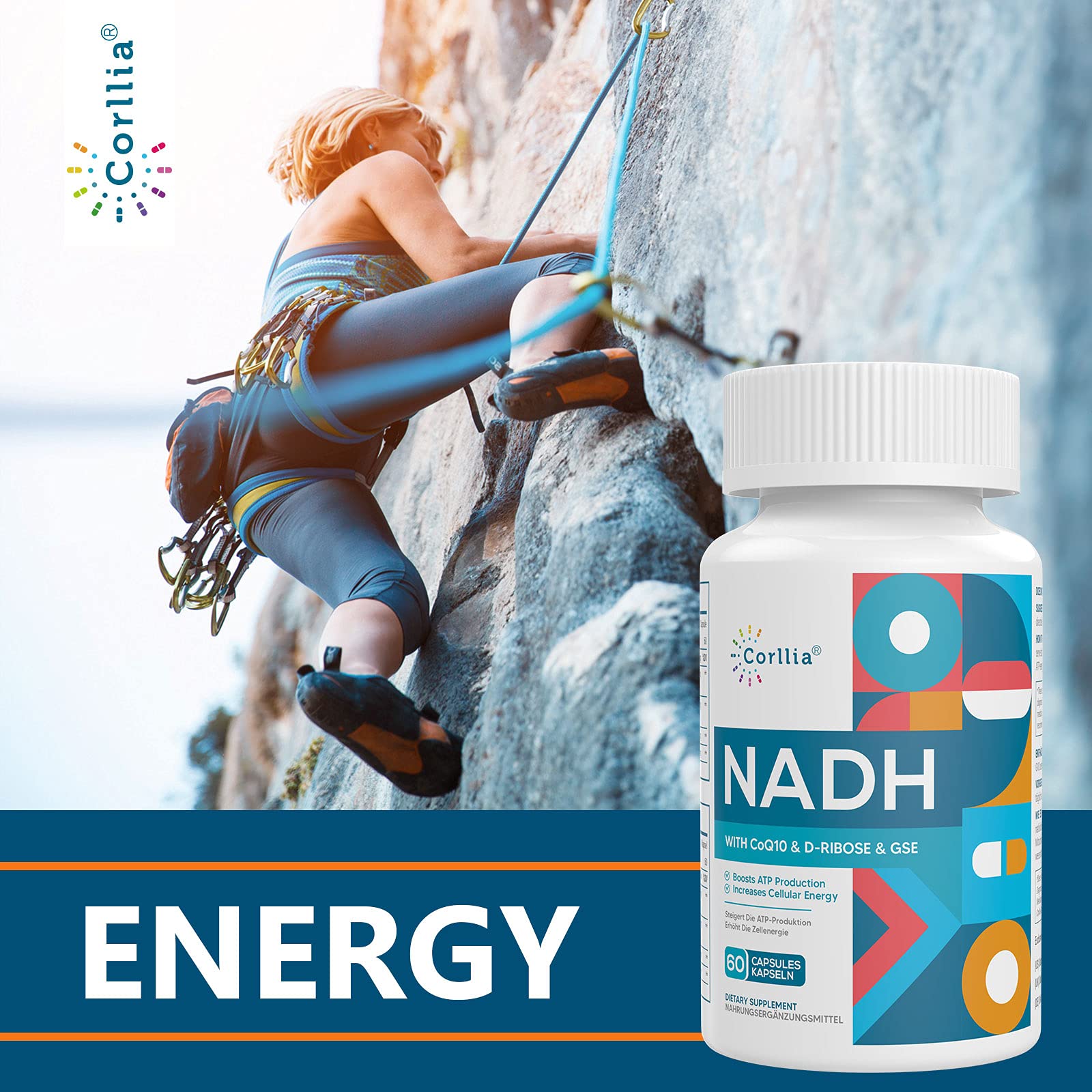 Corllia NADH bottle and capsules on desk for daily routine