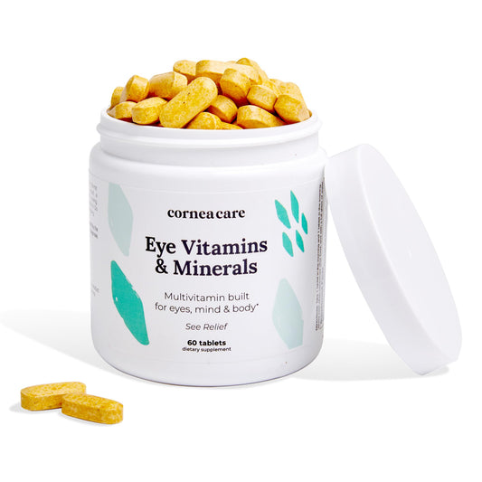 CorneaCare bottle front shows vitamins for eye health and overall well-being.