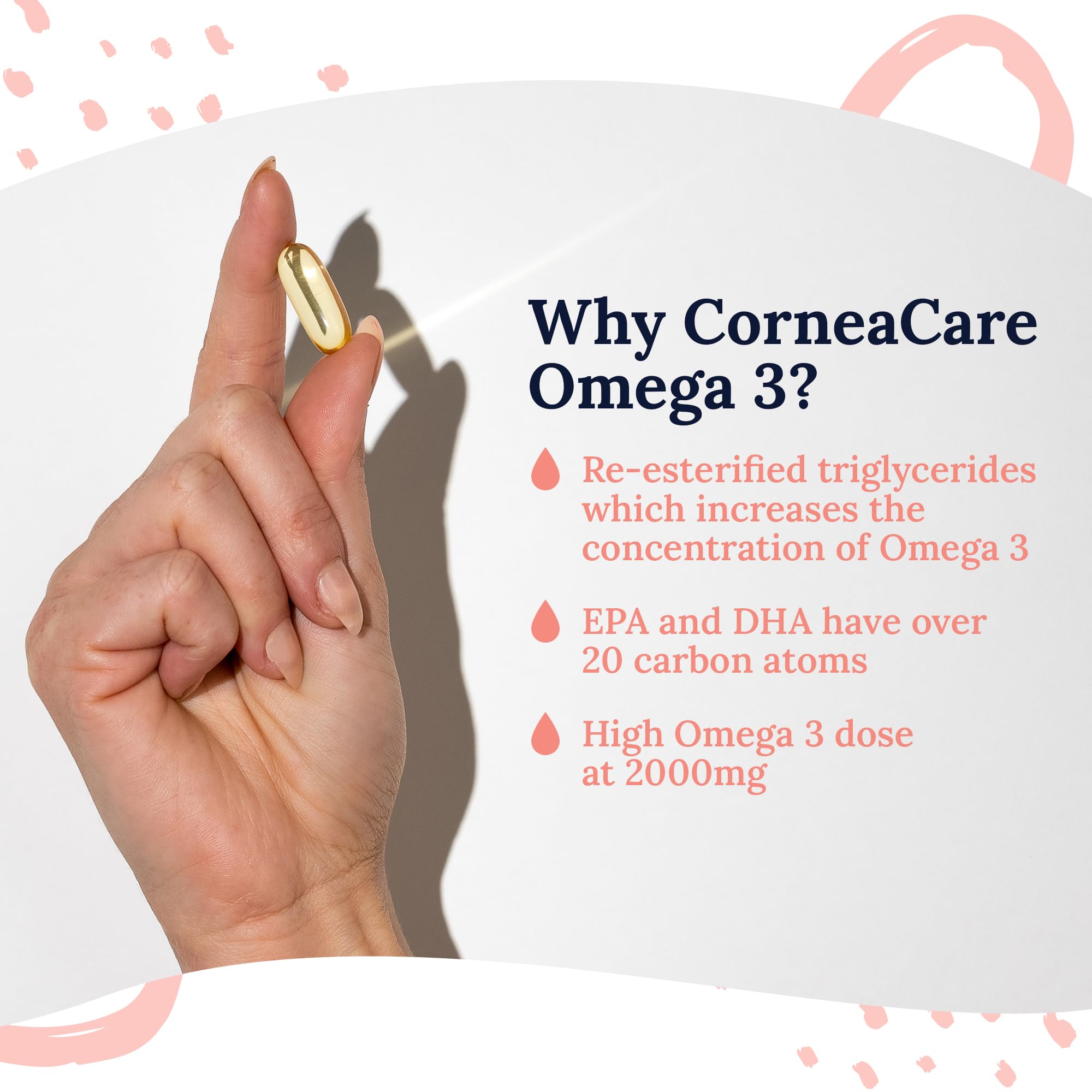 CorneaCare Omega-3 softgels label closeup shows EPA:DHA ratio for absorption.
