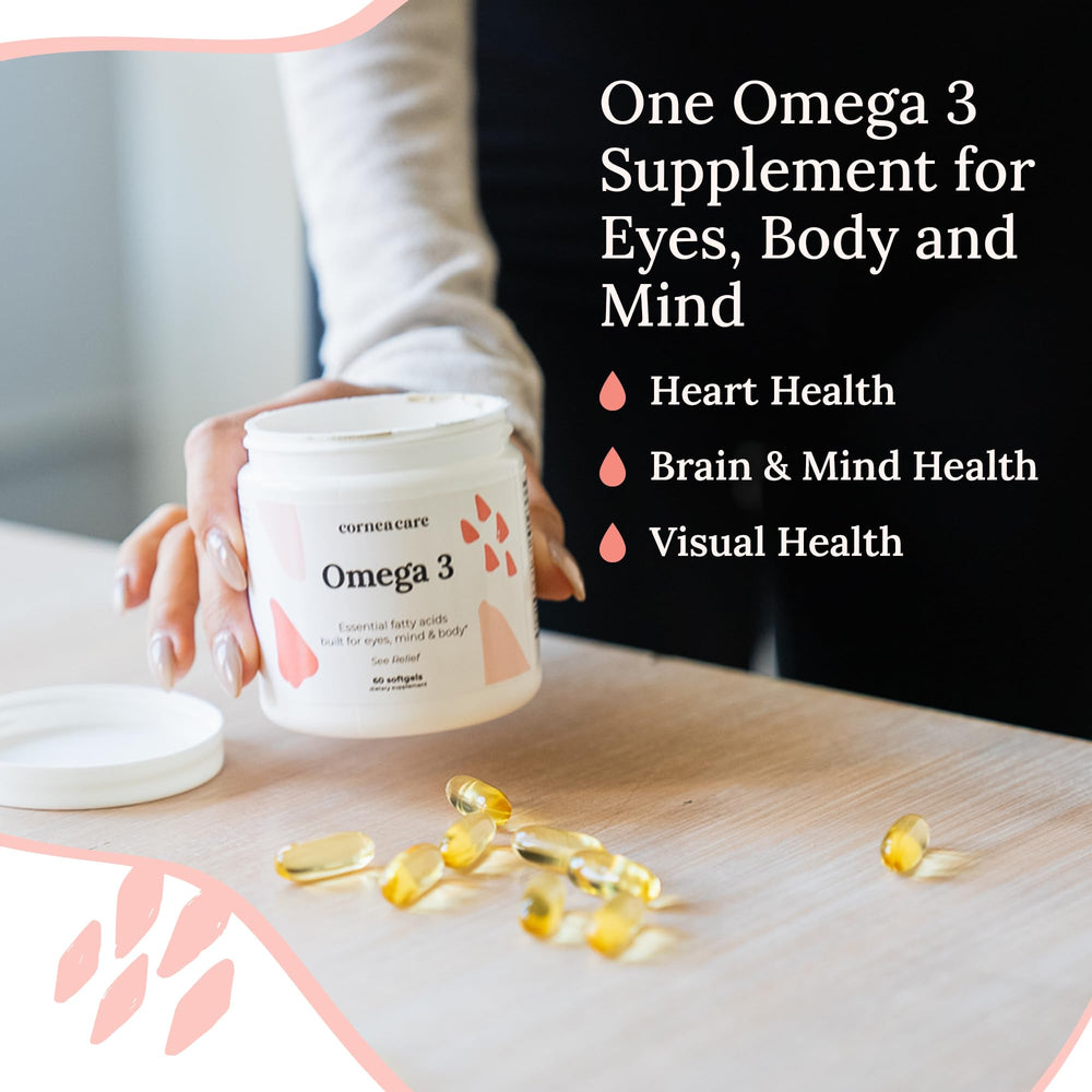 CorneaCare Omega-3 softgels with water illustrate easy daily intake.