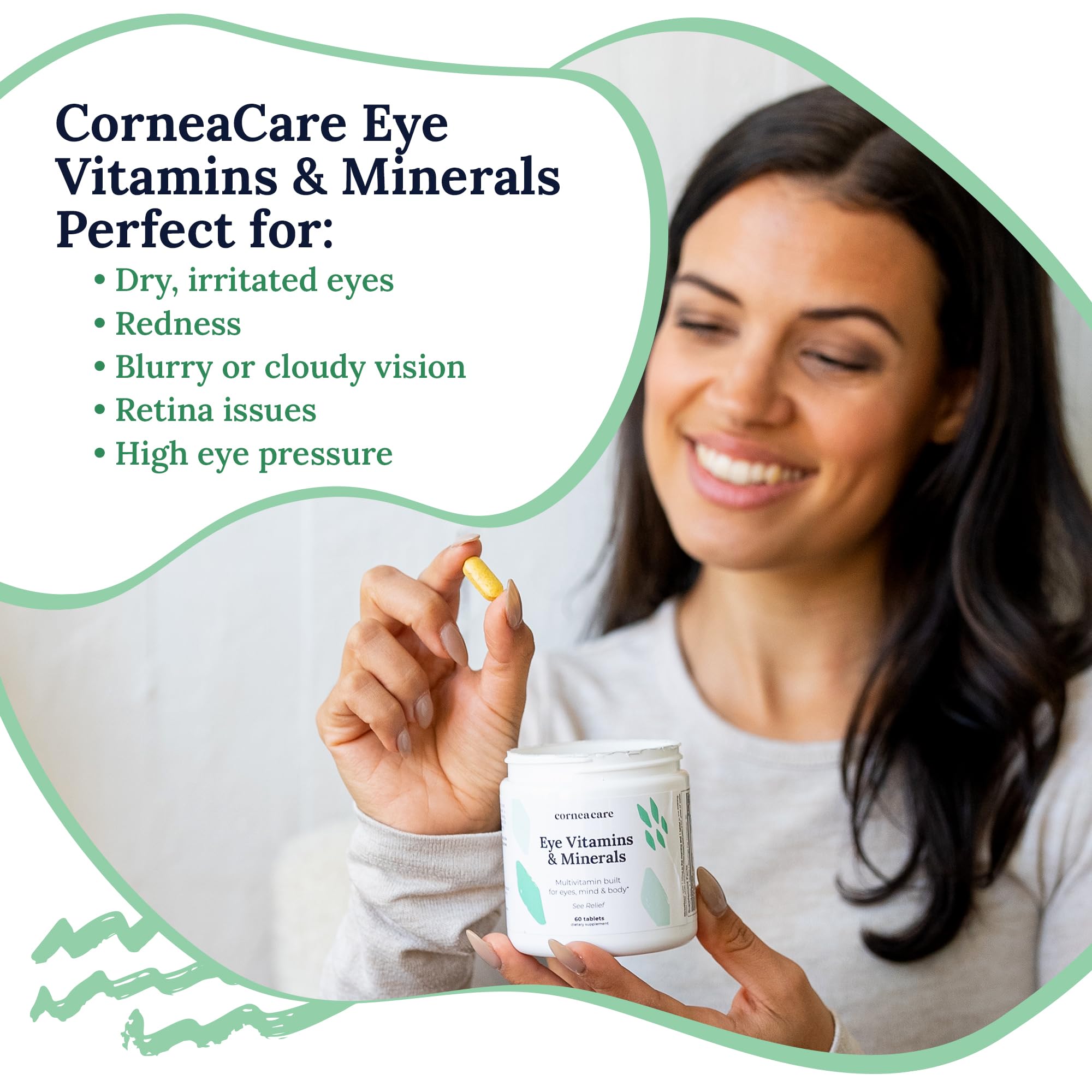 CorneaCare tablets closeup highlighting daily eye health capsules for energy and focus.