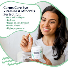 CorneaCare tablets closeup highlighting daily eye health capsules for energy and focus.