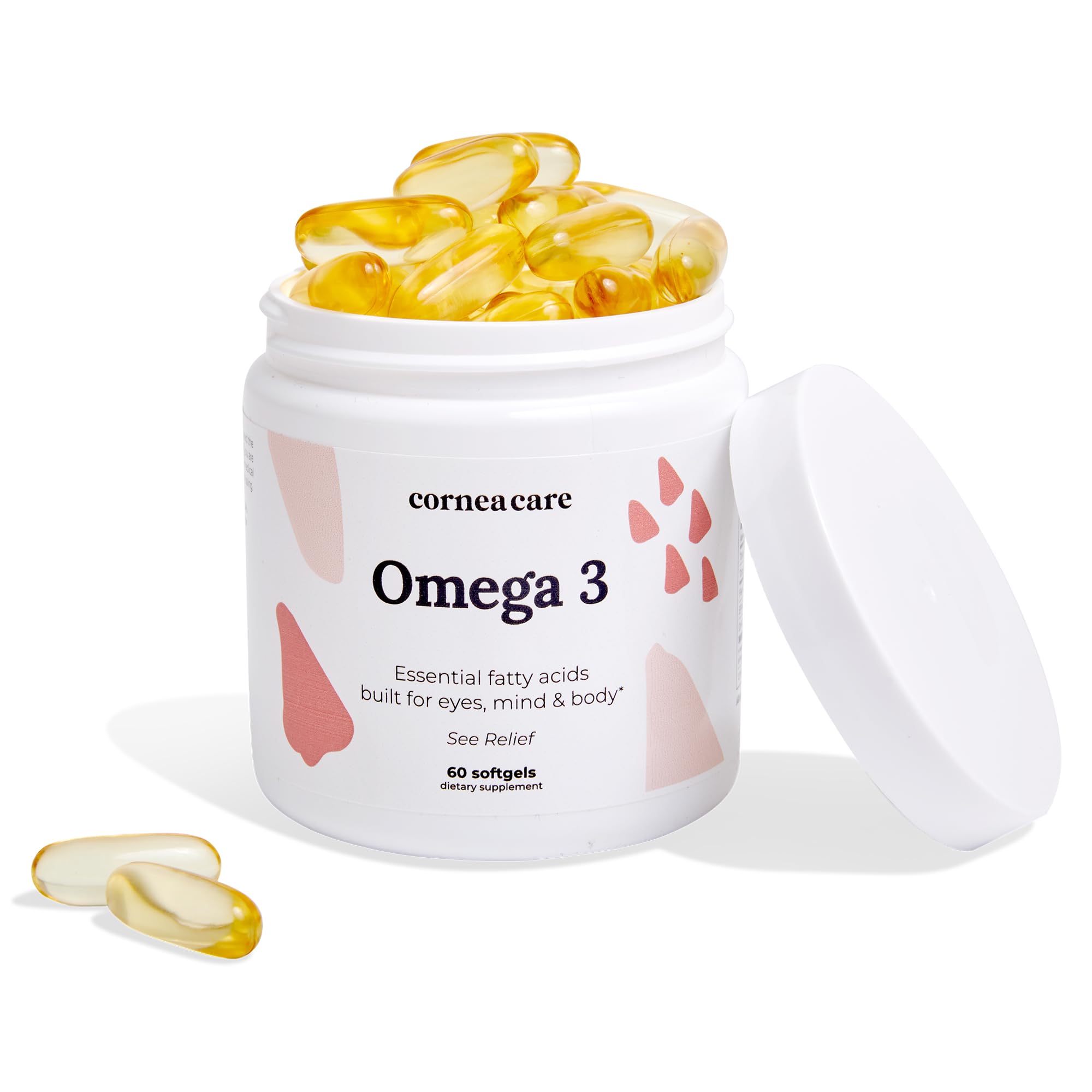 CorneaCare triple-strength Omega-3 softgels in bottle improve eye comfort and overall wellness.