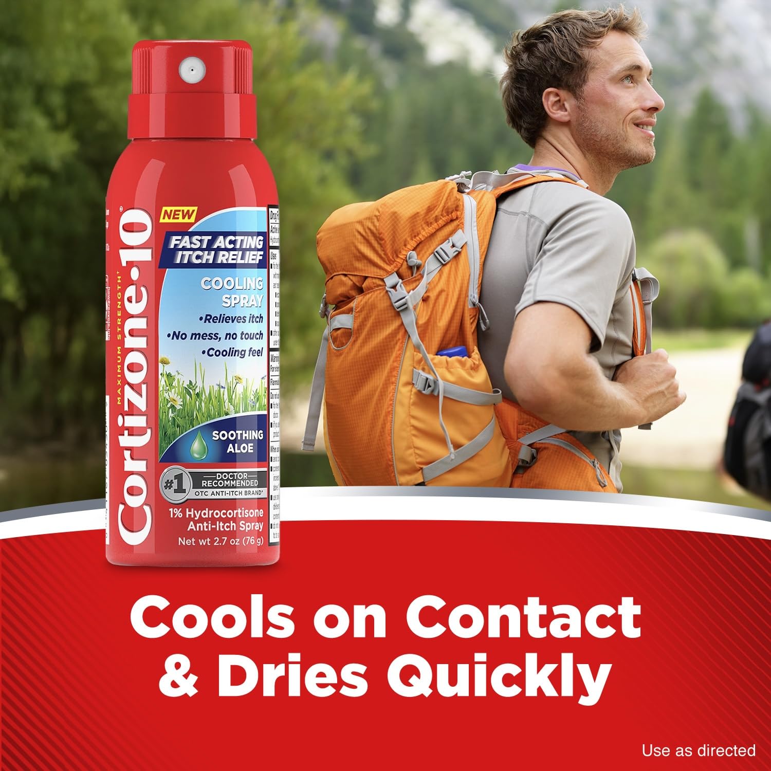 Cortizone-10 mist dispense demonstrates fine cooling spray for itch comfort.