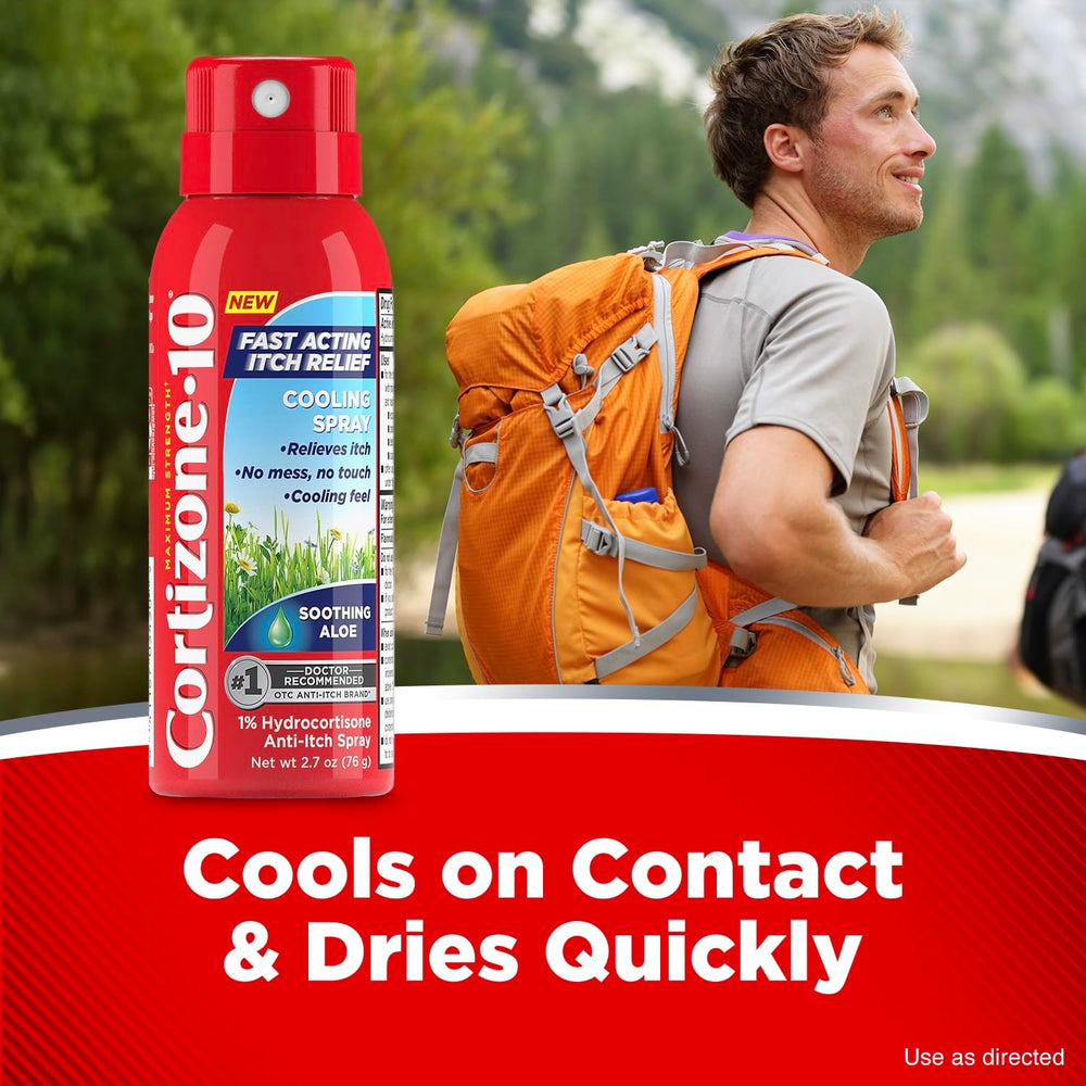 Cortizone-10 mist dispense demonstrates fine cooling spray for itch comfort.