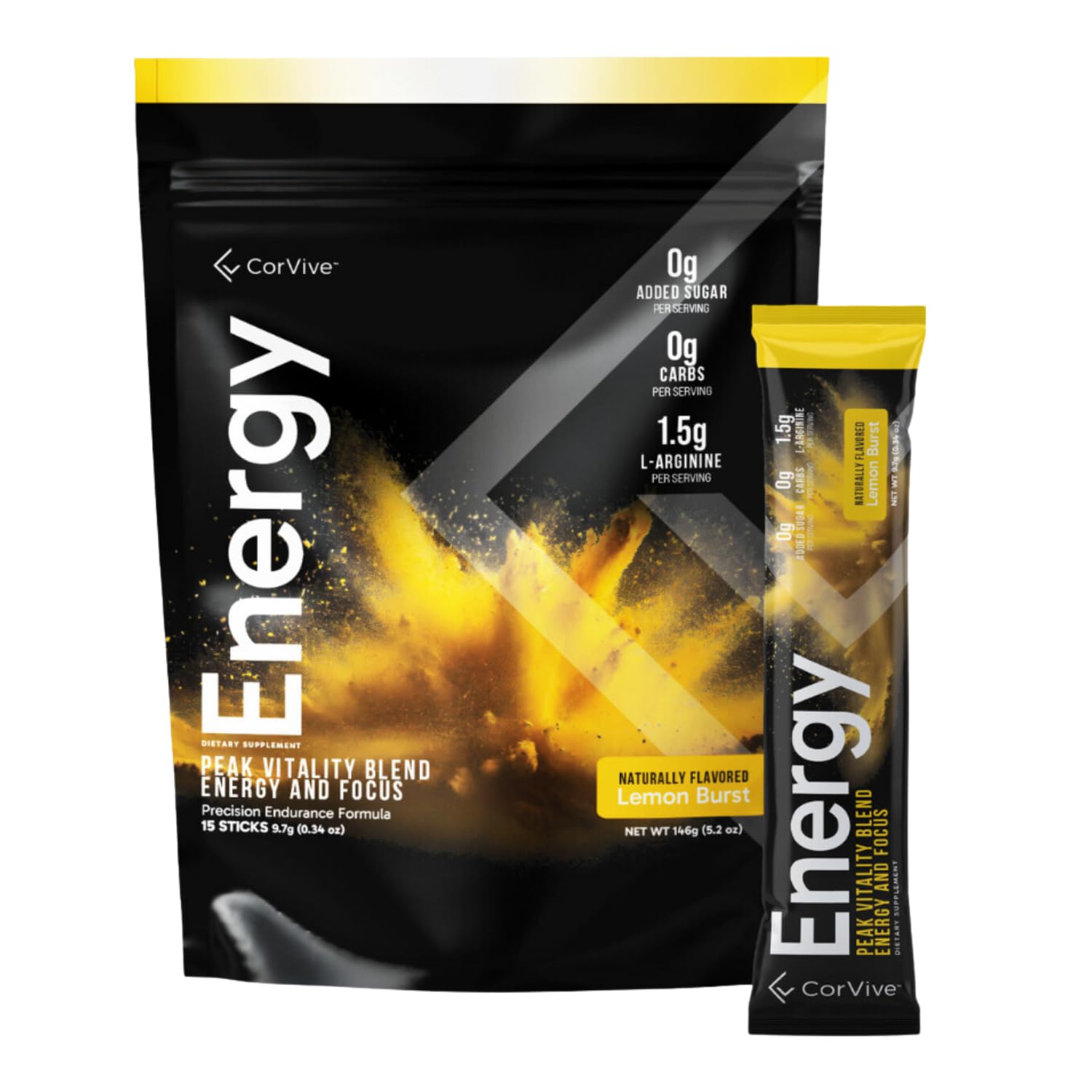 CorVive Energy lemon stick pack front view for a quick focus boost.
