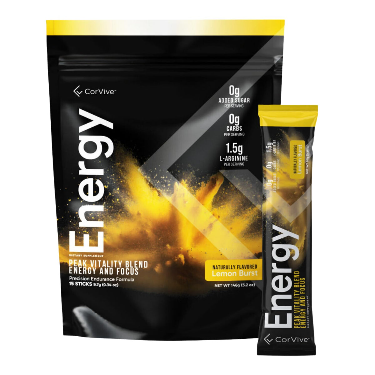 CorVive Energy lemon stick pack front view for a quick focus boost.