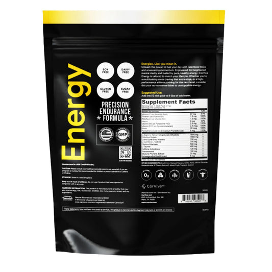 CorVive Energy lemon stick pack side view highlights convenient sachets.