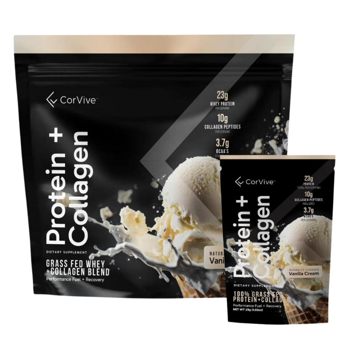 CorVive Protein and Collagen vanilla tub showing 23g protein blend for muscle support