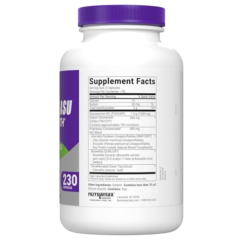 Cosamin ASU bottle label shows ingredients and purity testing.
