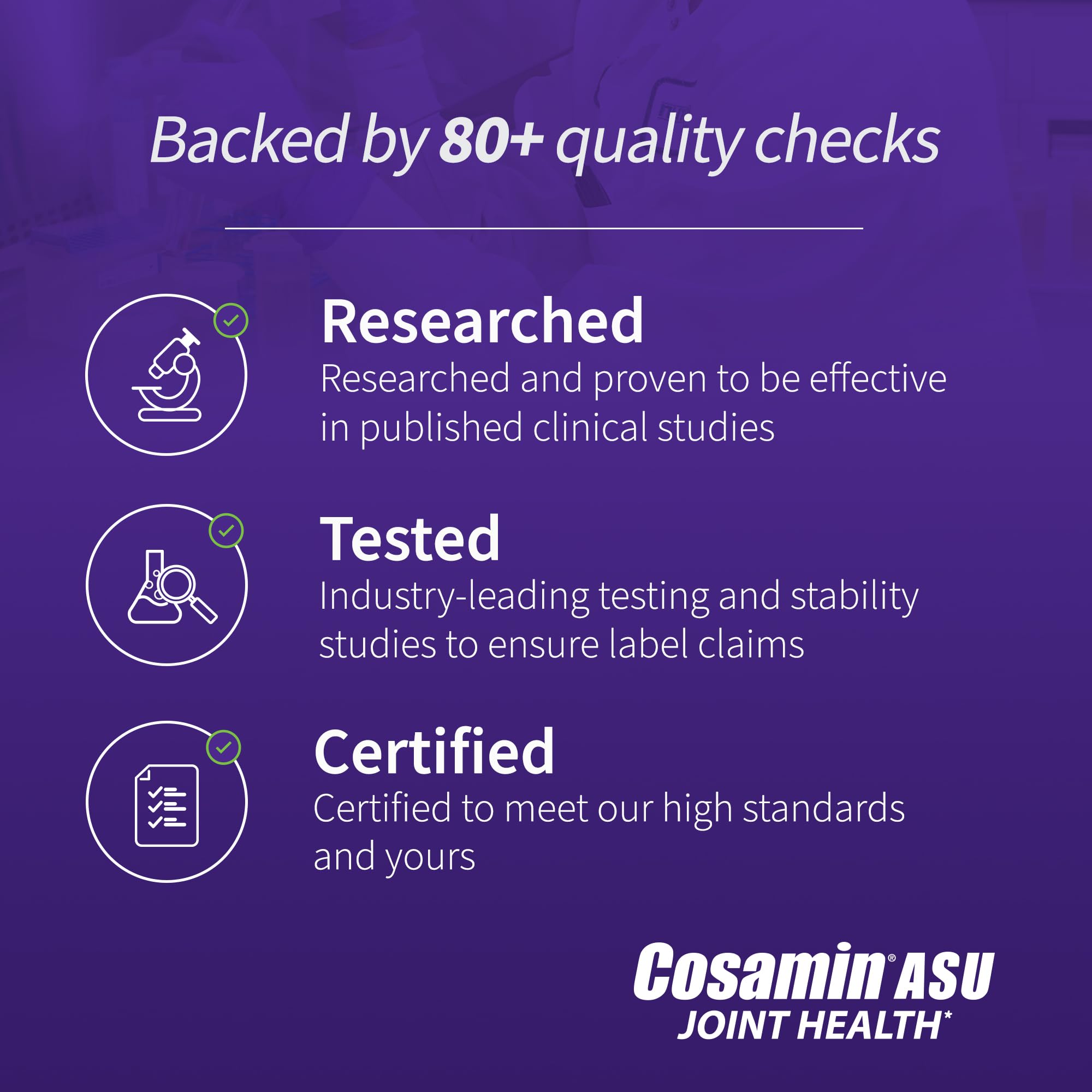 Cosamin ASU ingredients chart highlights glucosamine, chondroitin, ASU.
