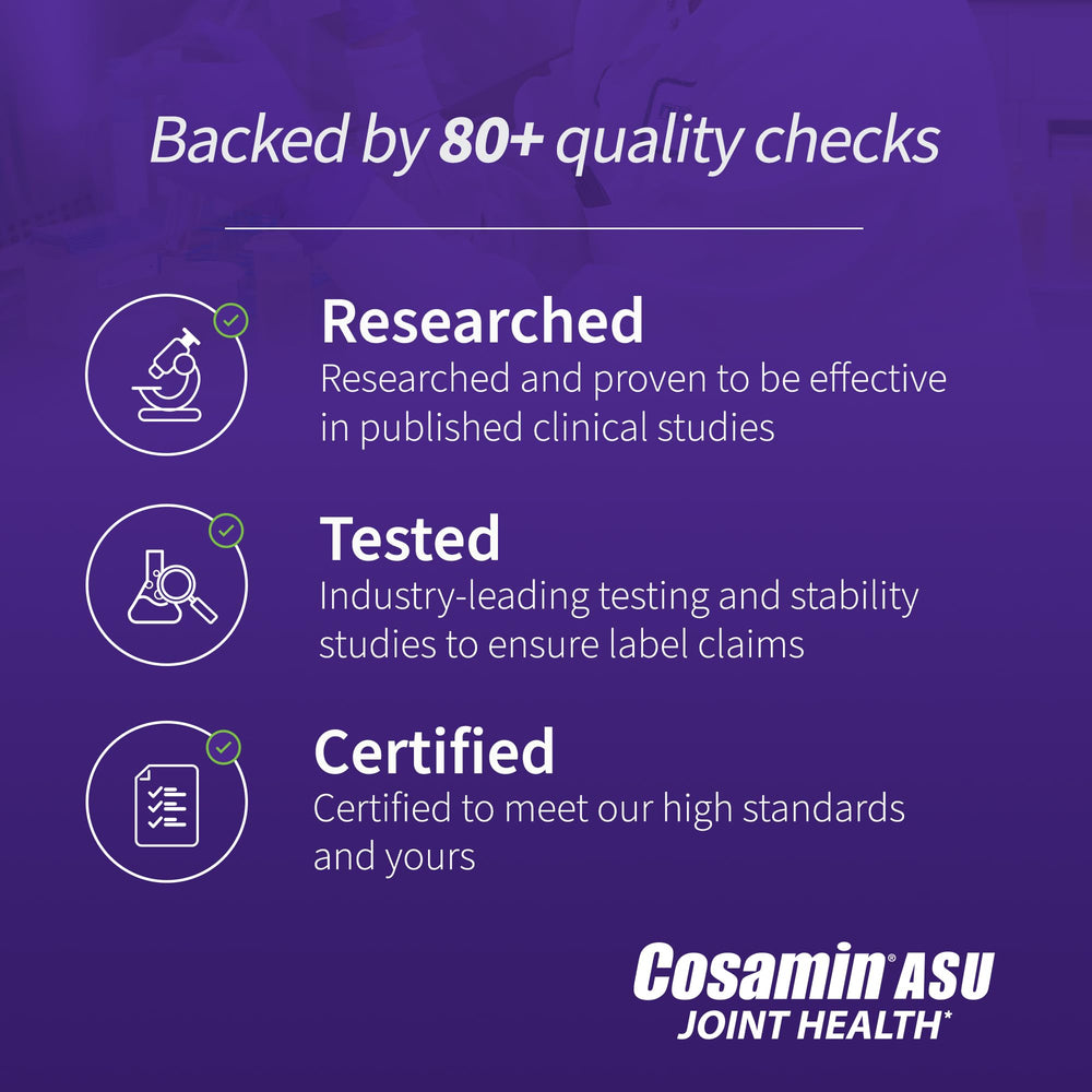 Cosamin ASU ingredients chart highlights glucosamine, chondroitin, ASU.