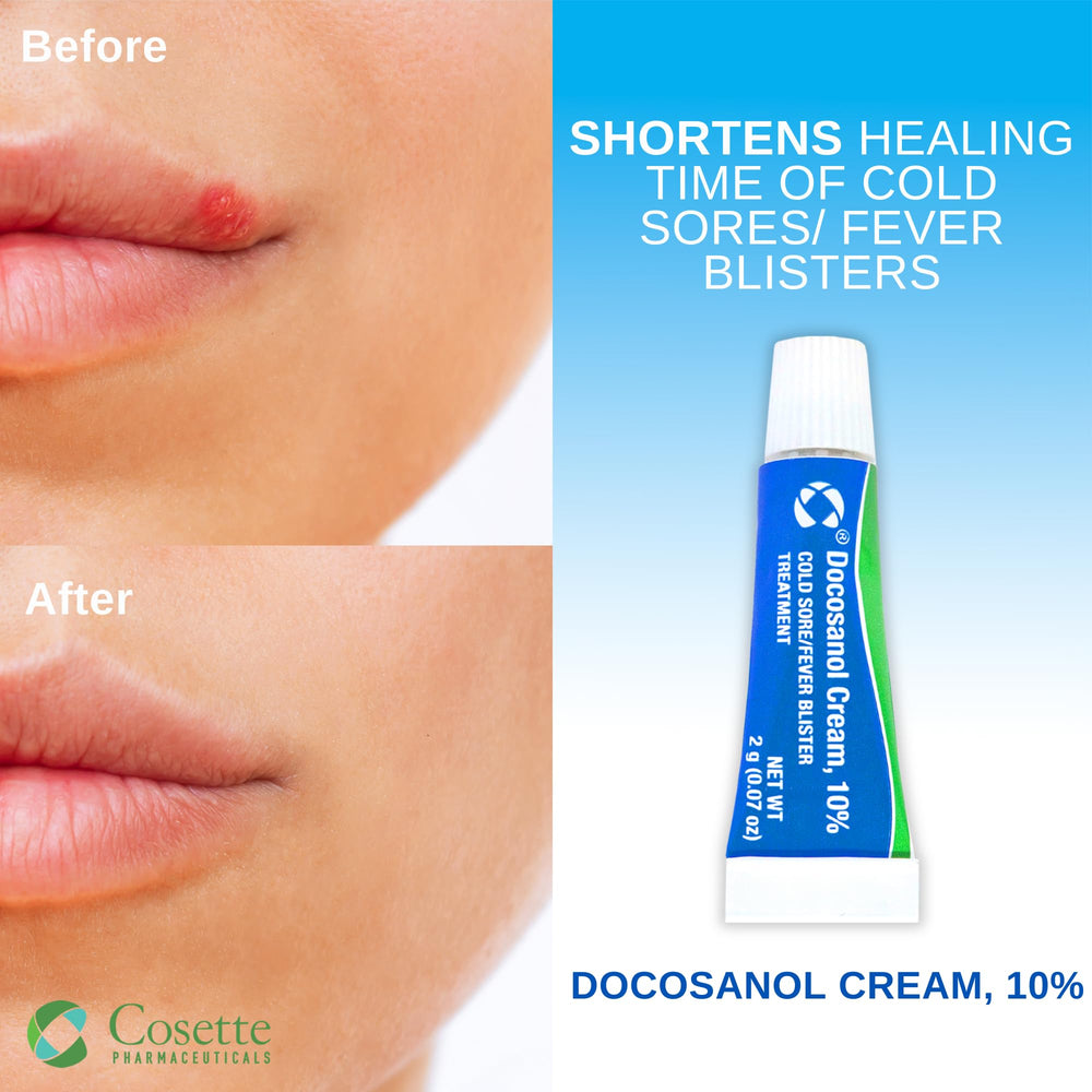 Cosette cold sore treatment packaging showing four compact tubes.