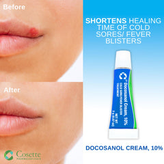 Cosette cold sore treatment packaging showing four compact tubes.