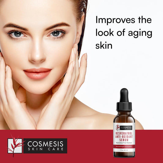 Cosmesis Resveratrol Serum dropper closeup for precise daily antioxidant application.