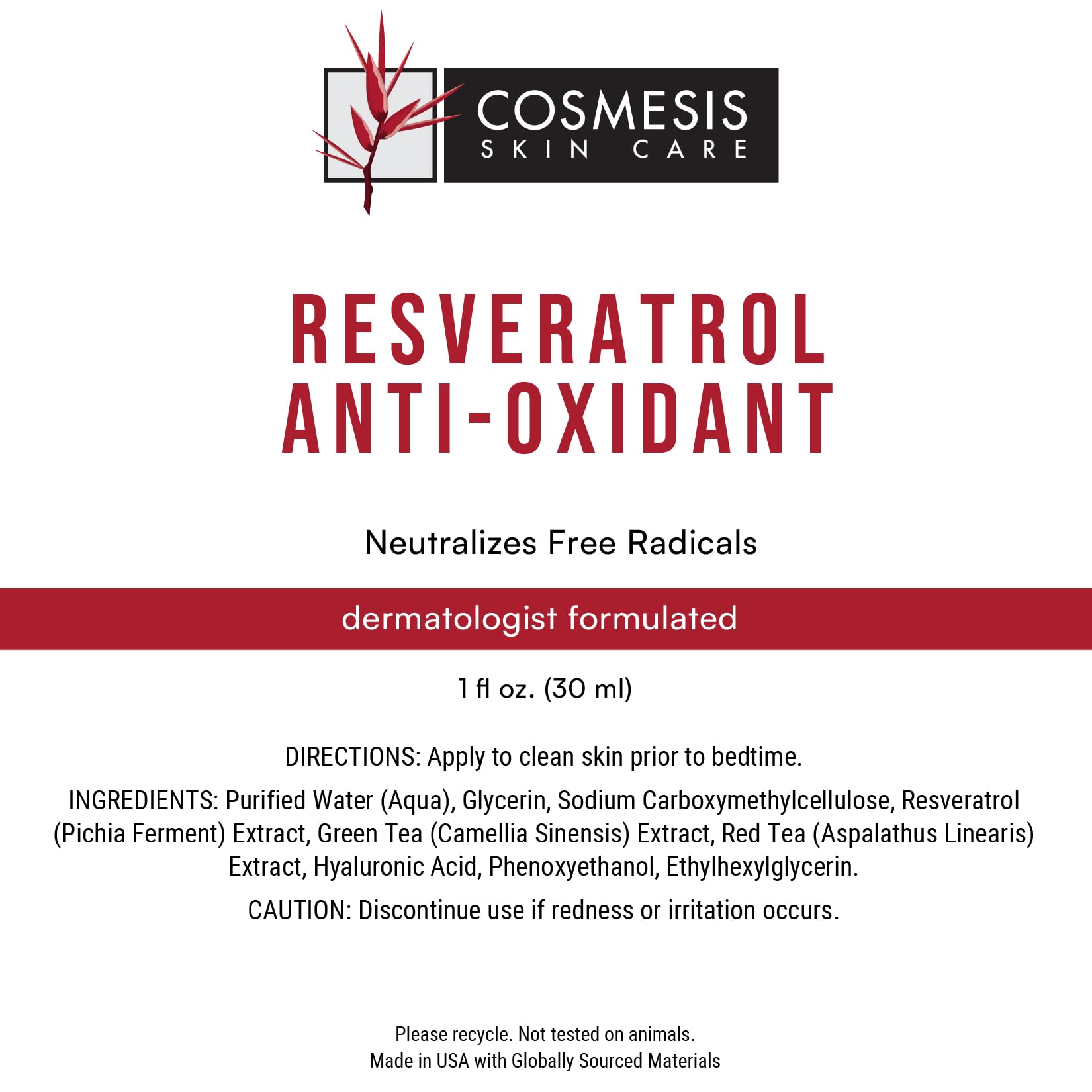 Cosmesis Resveratrol Serum packaging box conveys premium antioxidant skincare.