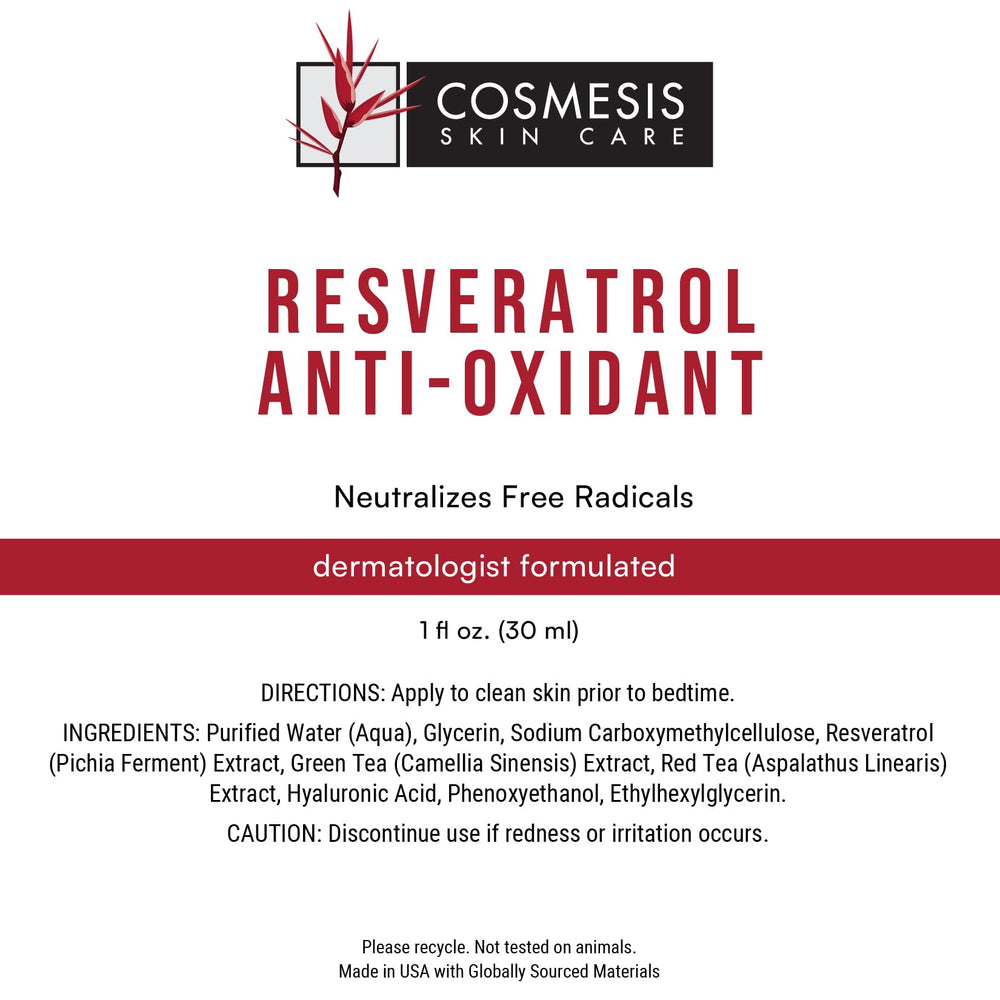 Cosmesis Resveratrol Serum packaging box conveys premium antioxidant skincare.