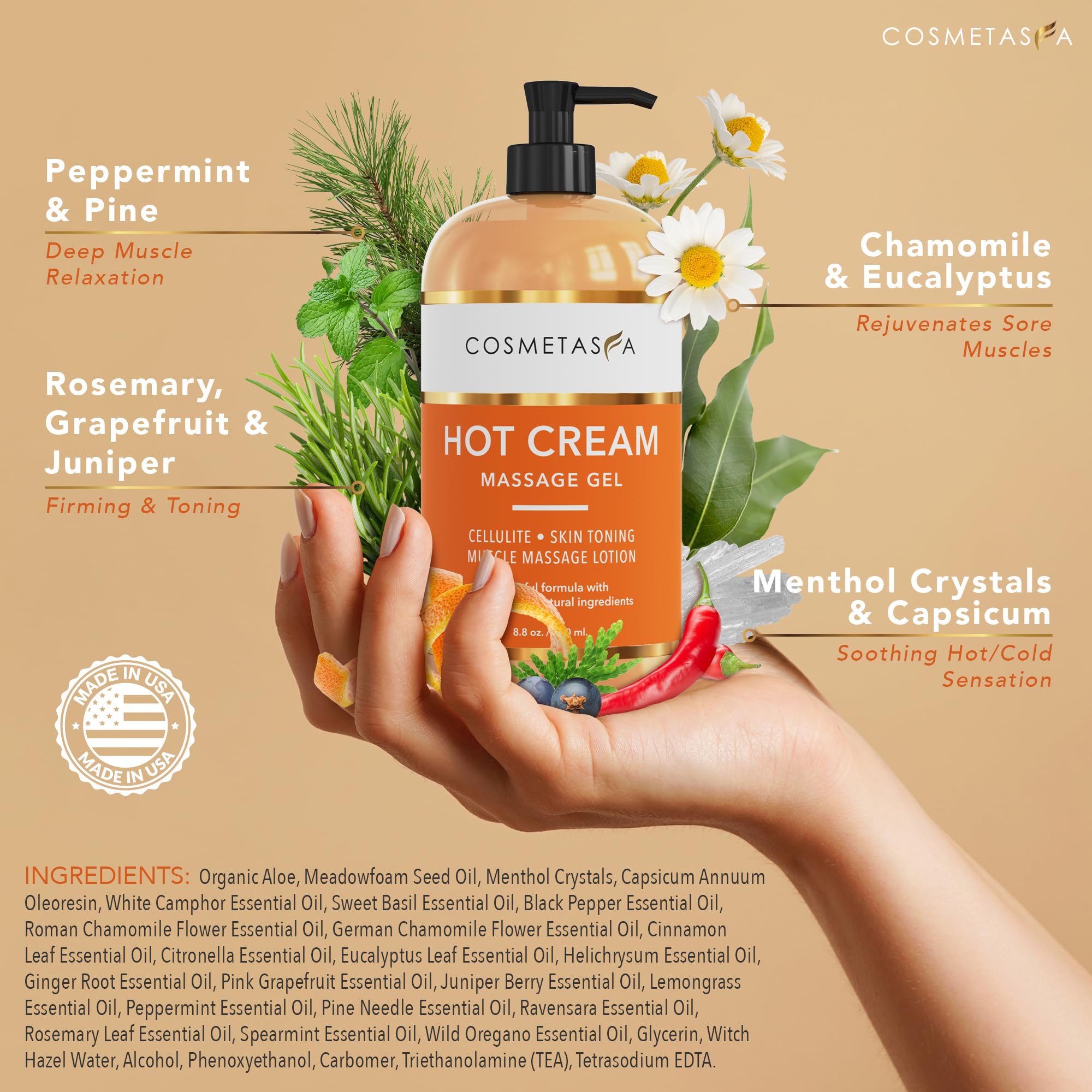 Cosmetasa anti-cellulite massage oil bottle highlighting nourishing skin and circulation